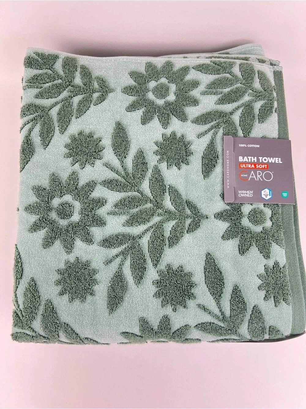 Caro Home Bath Towels Green Floral Embroidered Ultra Soft Cotton 2 Pc NEW